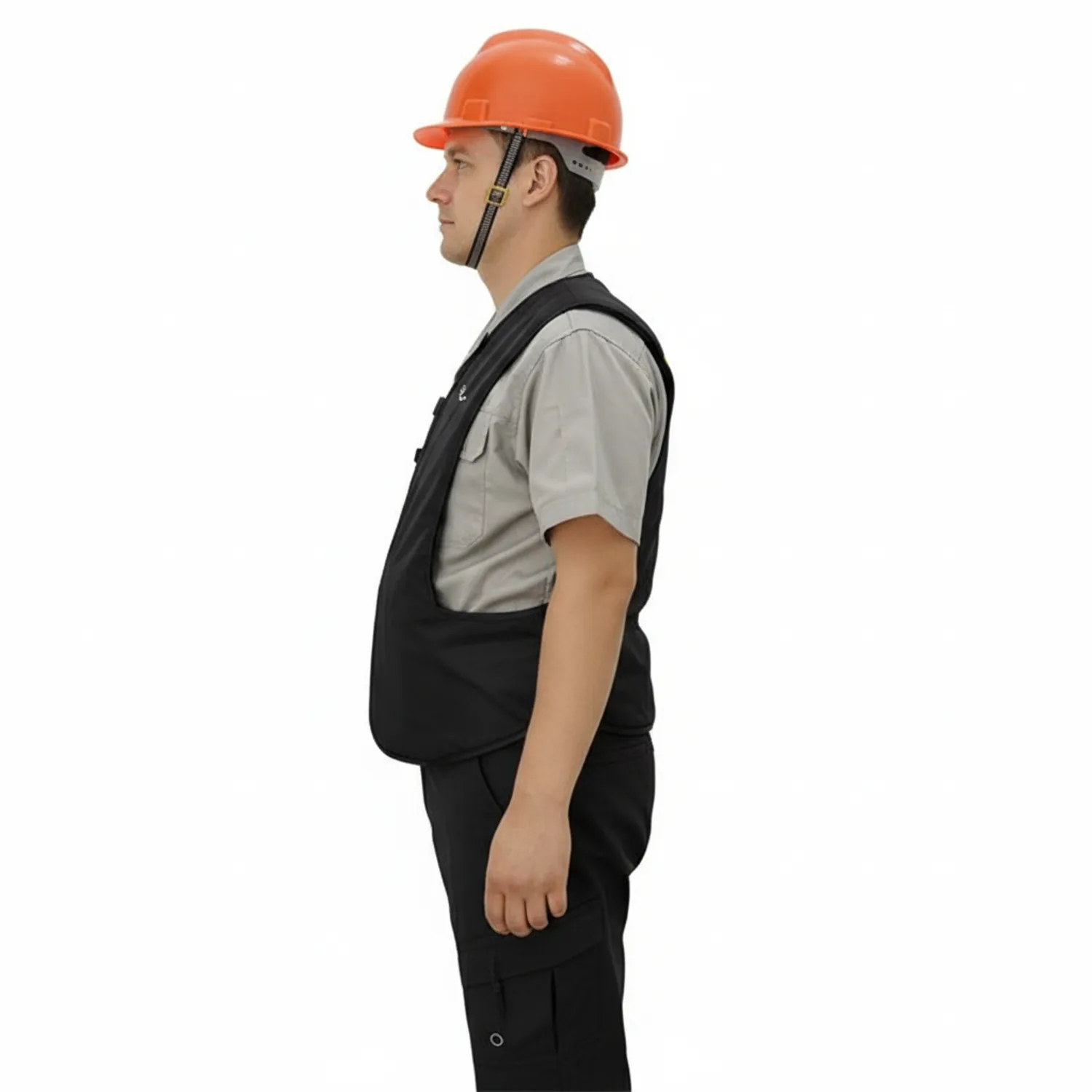 Airbag vest, side view, airbag stowed