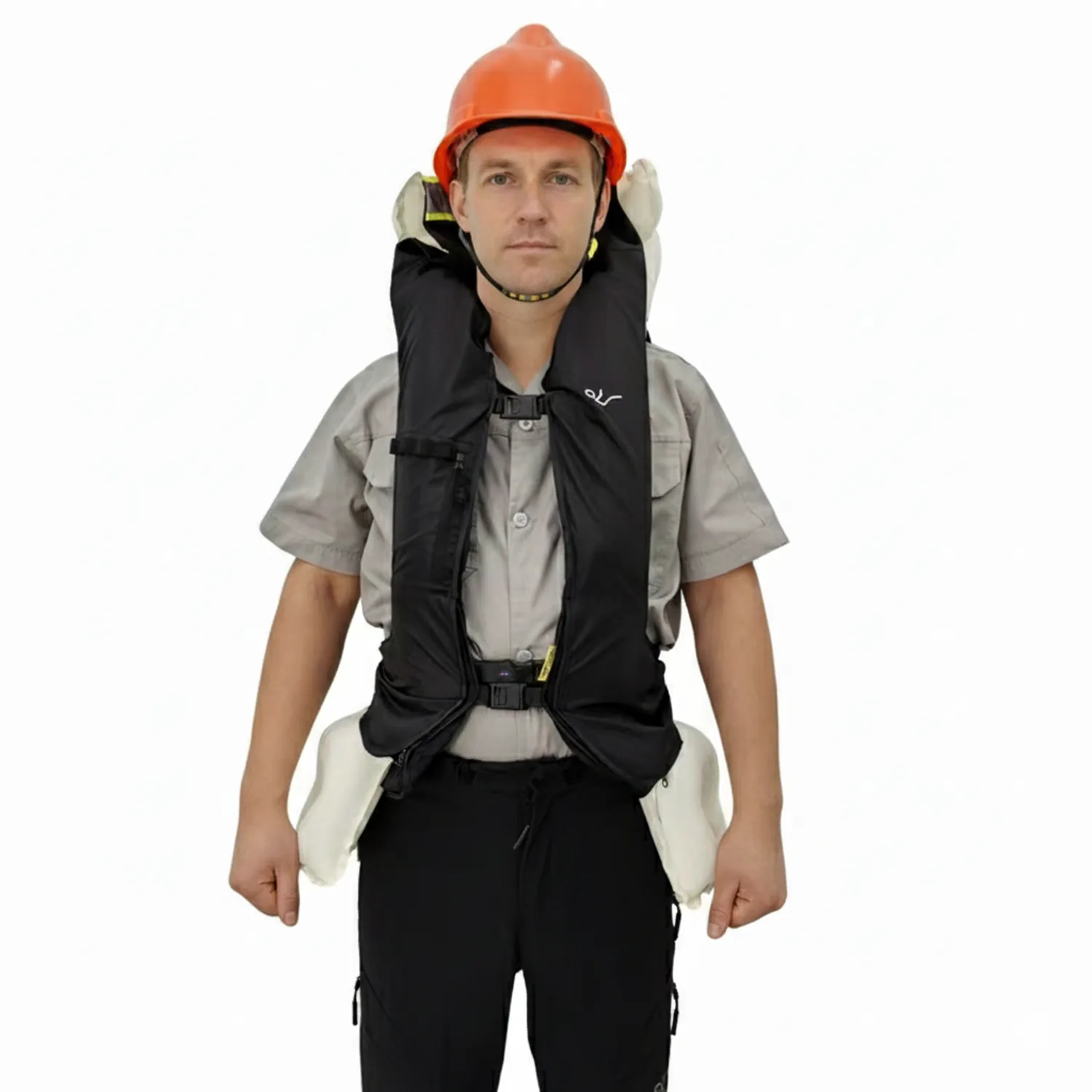 Airbag vest, front view, airbag deployed
