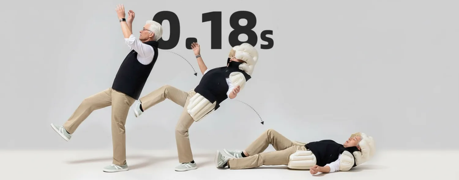 Three-stage sequence showing a senior falling and the airbag deploying in 0.18 seconds