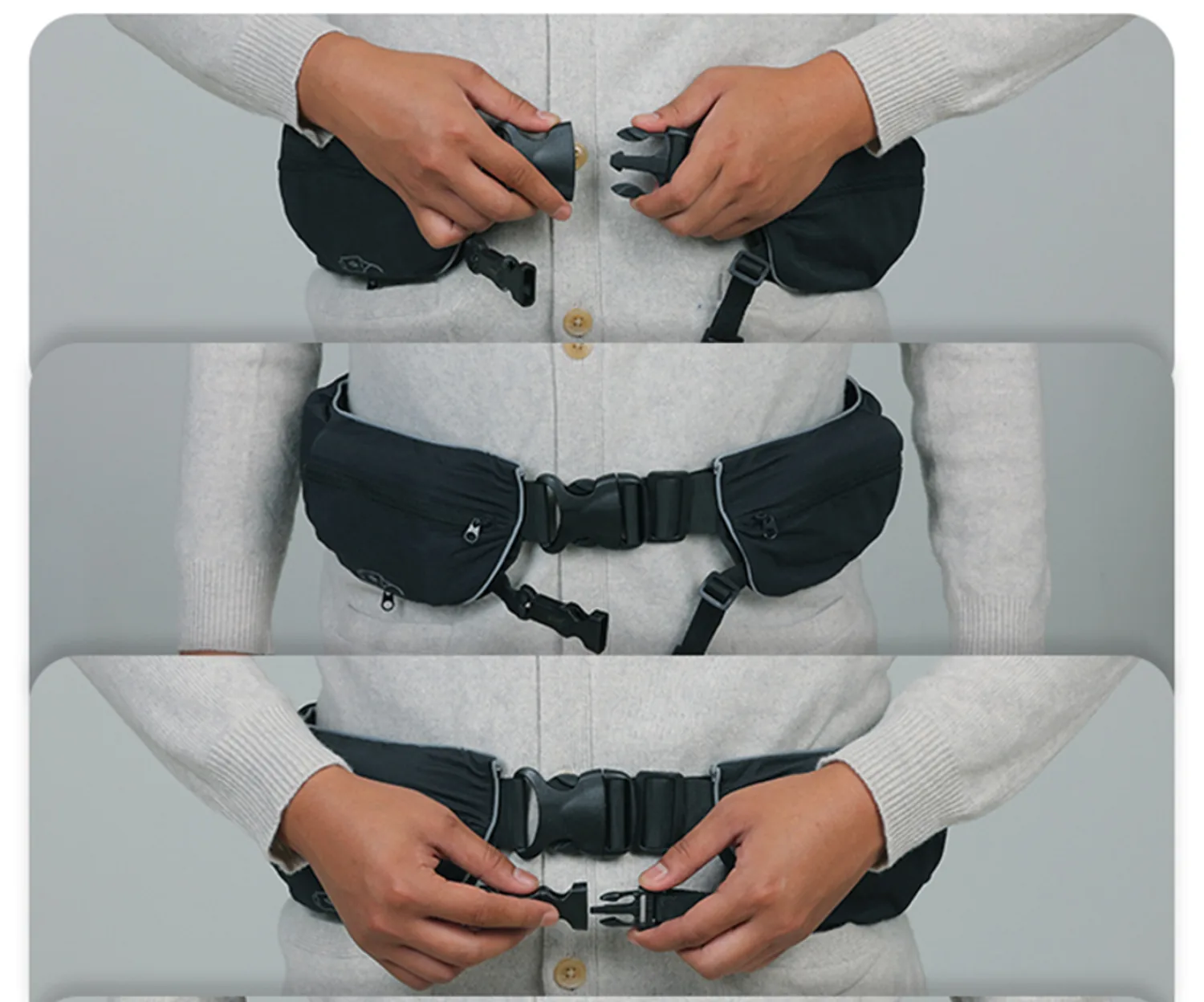 Three-step sequence showing how the belt is fastened